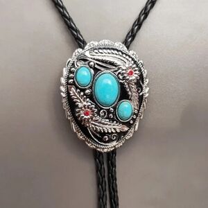 Beautiful Western Native Turqouise Color Leather bolo tie